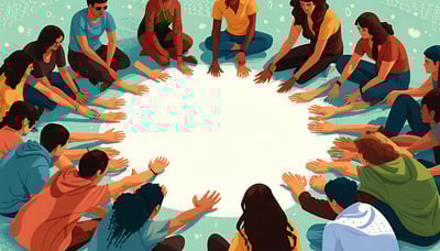 Illustration of people engaging in a supportive healing circle, symbolizing community and transformation. Illustration of people engaging in a supportive healing circle, symbolizing community and transformation.